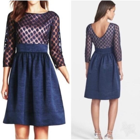 Eliza J Women's Navy Blue Polka Dot Mesh Bodice Dress 3/4 Sleeve Size 2 - Picture 2 of 10